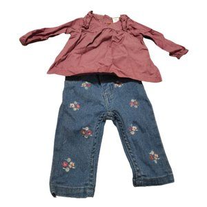 Carter's Matching Set Girls Sz 3M Red Blue Longsleeve Top Denim Floral Pants